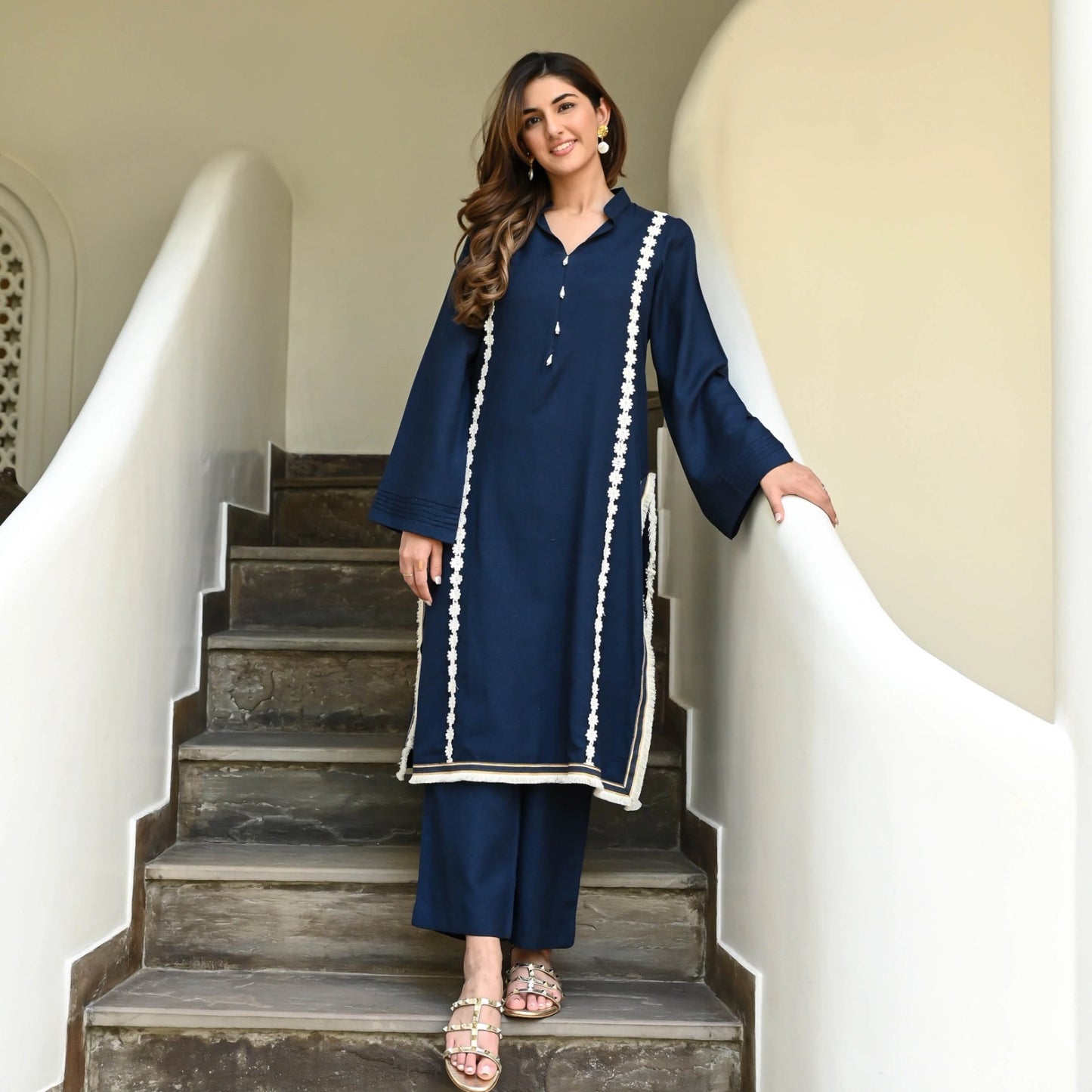 13-STAR Women's Rayon Kurta Palazzo Set with Delicate Lace Detailing | Women Rayon Co-Ord Set |Ideal for Festive Occasions, Casual get-Togethers | Navy Blue