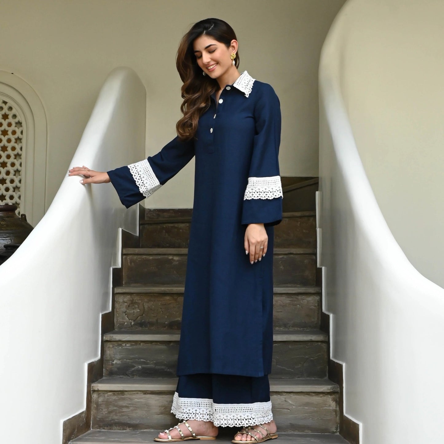 13-STAR Women's Navy Blue Rayon Kurta with Lace Detailing & Palazzo Set | Women Co-Ord Sets | Ideal, Casual outings, Office wear