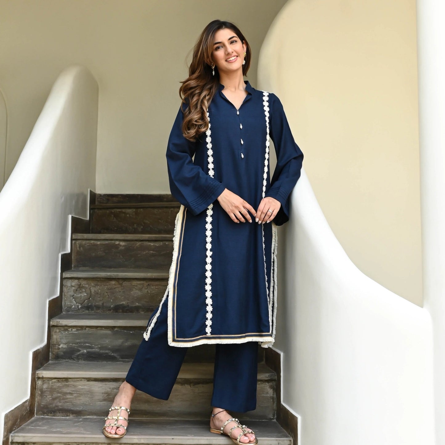 13-STAR Women's Rayon Kurta Palazzo Set with Delicate Lace Detailing | Women Rayon Co-Ord Set |Ideal for Festive Occasions, Casual get-Togethers | Navy Blue