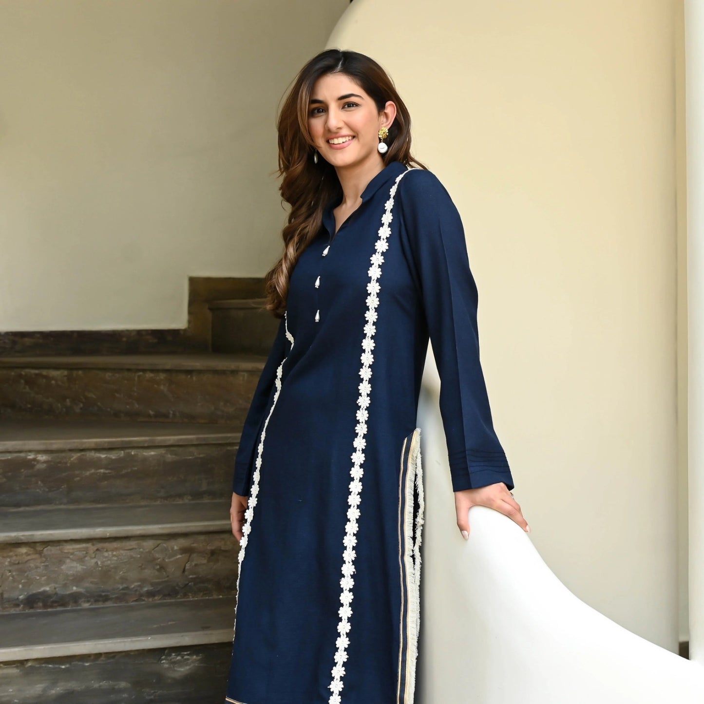 13-STAR Women's Rayon Kurta Palazzo Set with Delicate Lace Detailing | Women Rayon Co-Ord Set |Ideal for Festive Occasions, Casual get-Togethers | Navy Blue