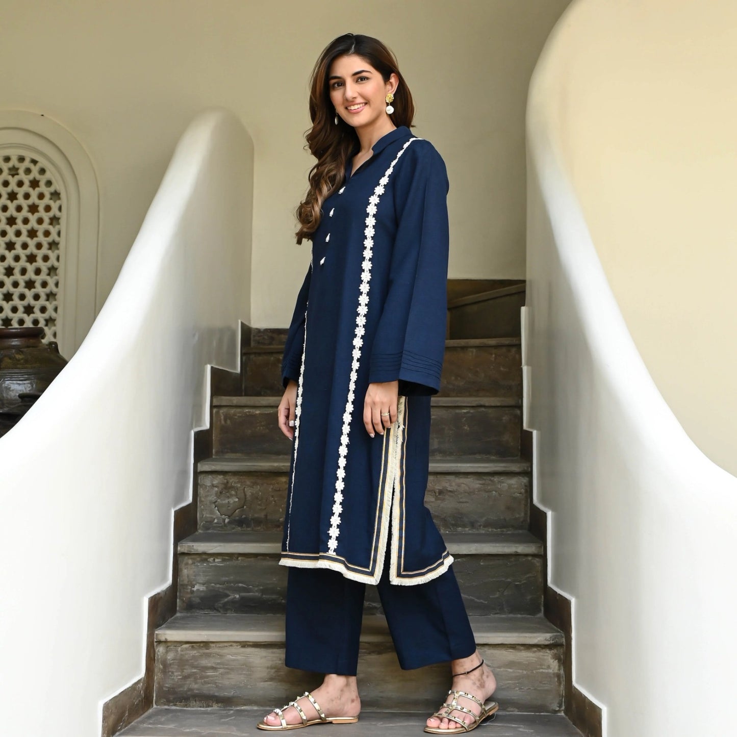 13-STAR Women's Rayon Kurta Palazzo Set with Delicate Lace Detailing | Women Rayon Co-Ord Set |Ideal for Festive Occasions, Casual get-Togethers | Navy Blue