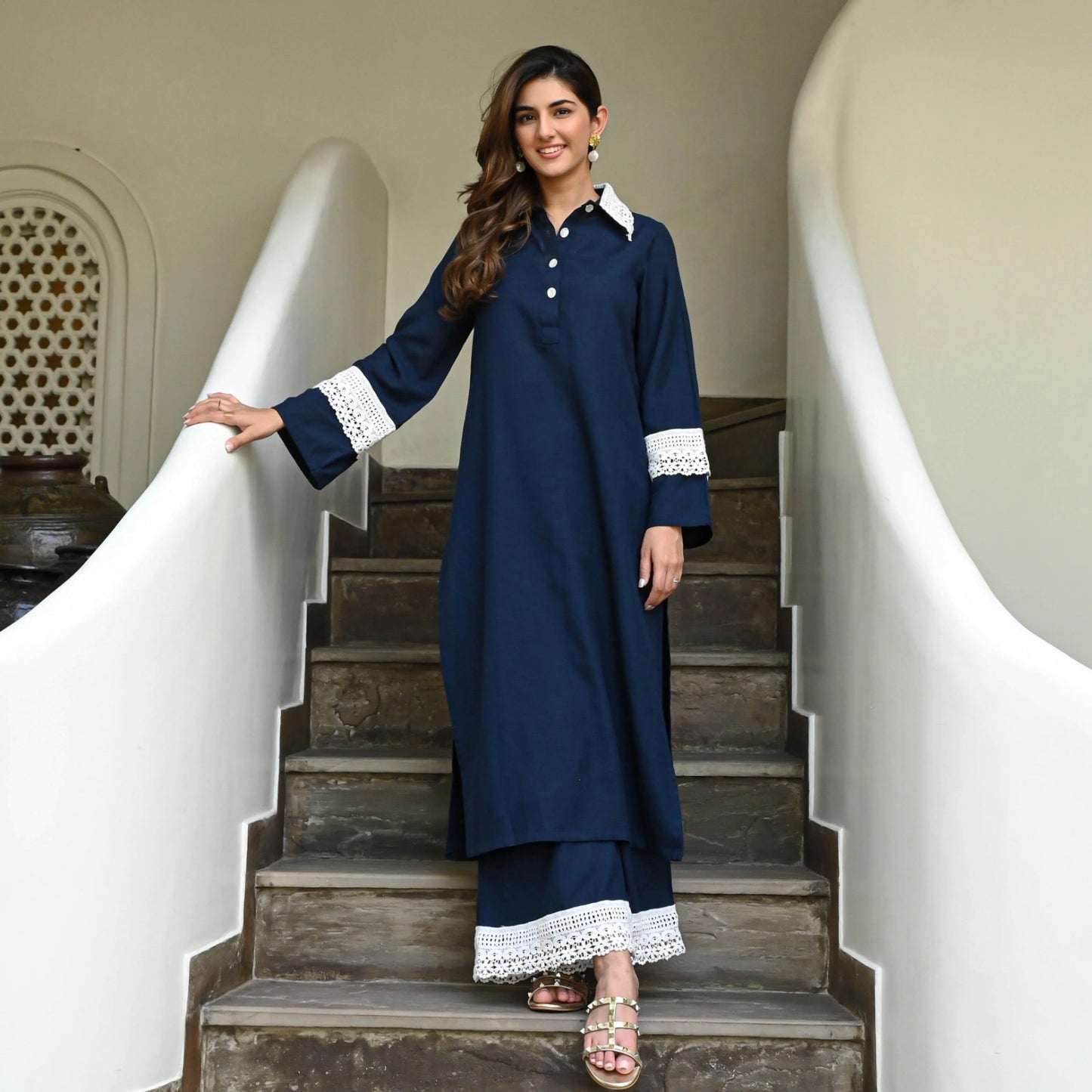 13-STAR Women's Navy Blue Rayon Kurta with Lace Detailing & Palazzo Set | Women Co-Ord Sets | Ideal, Casual outings, Office wear